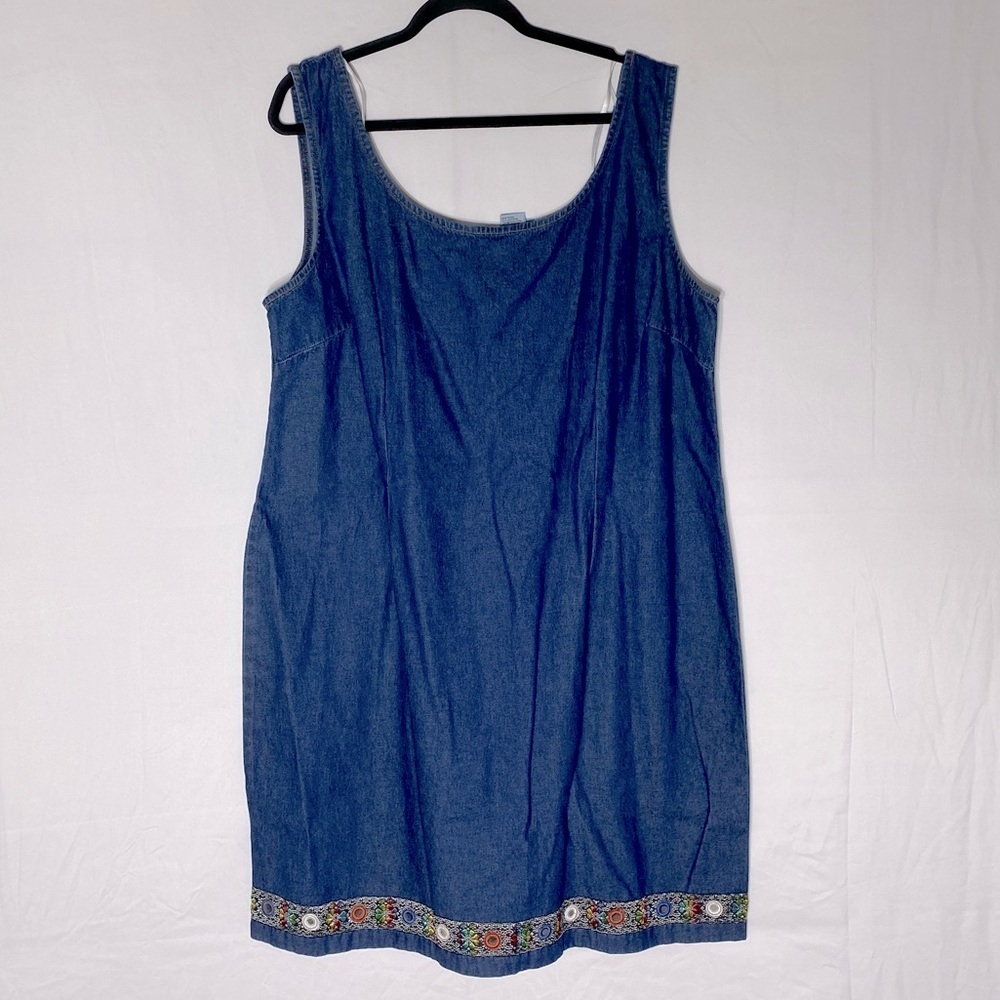 Vintage California Concepts Denim Scoop Neck Dress W Embroidered Stripe Hem 20